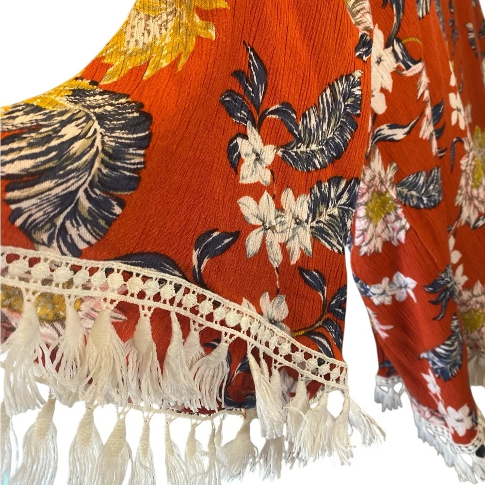 Umgee Rust Orange Floral Kimono Cardigan Small Tassel Fringe BohoFestival Style - Picture 4 of 7